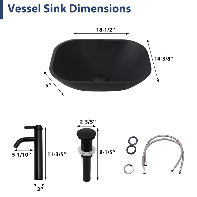 Mocoloo 18"L x 14"W Glass Bathroom Vessel Sink Matte Black Tempered Glass Bathroom Sink with Faucet, Matte Black, 18"L x 14"W