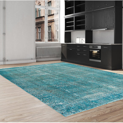 Tapis turquoise en laine noué à la main de conception unique 2000 pi 7 pi 1 po x 10 pi 8 polliemae