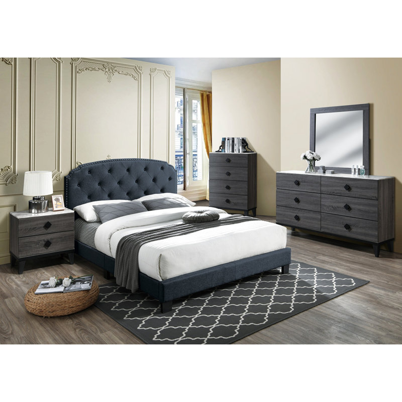 Cadre de lit double gris anthracite en toile de jute de style européen, Full