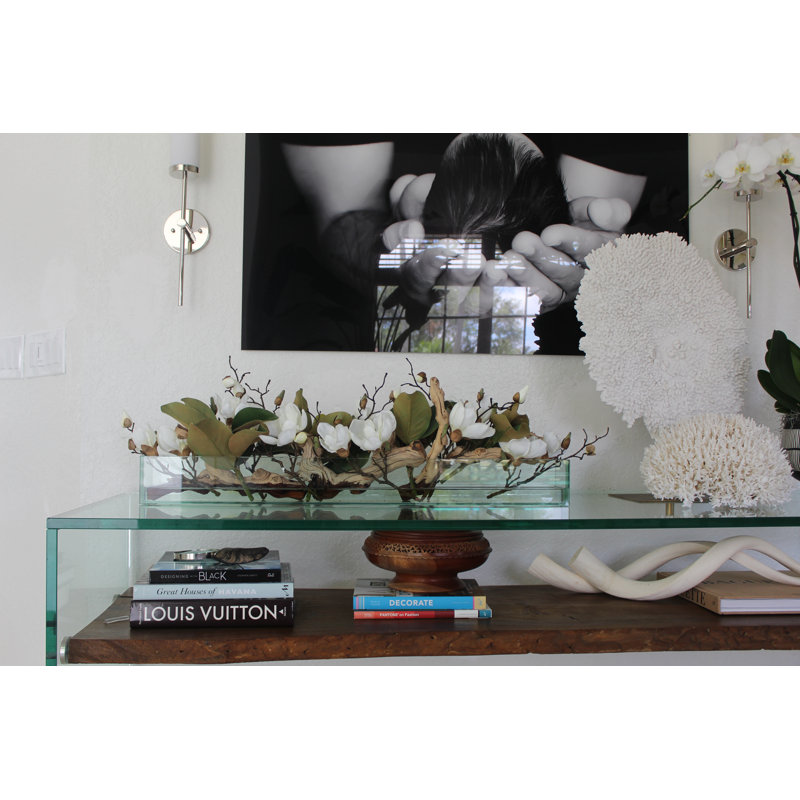 Glass Plate Magnolia Floral Arrangement And Centerpiece In Planter, 10" H x 24" W x 7" D, White
