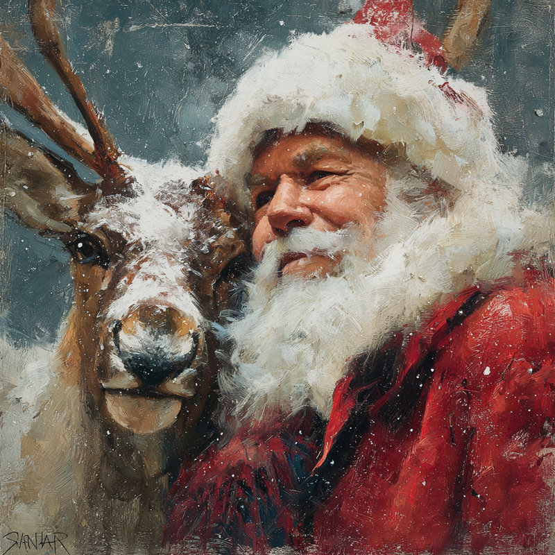 Père Noël et renne sur toile tendue, H 12 po x l 12 po