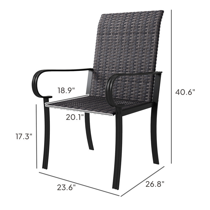 2 chaises de salle à manger avec dossier haut pour terrasse extérieure. Assise profonde et confortable, structure en acier inoxydable, assemblage requis. Idéales pour la terrasse, avec accoudoirs et dossier haut. Espace détente. Inclus.