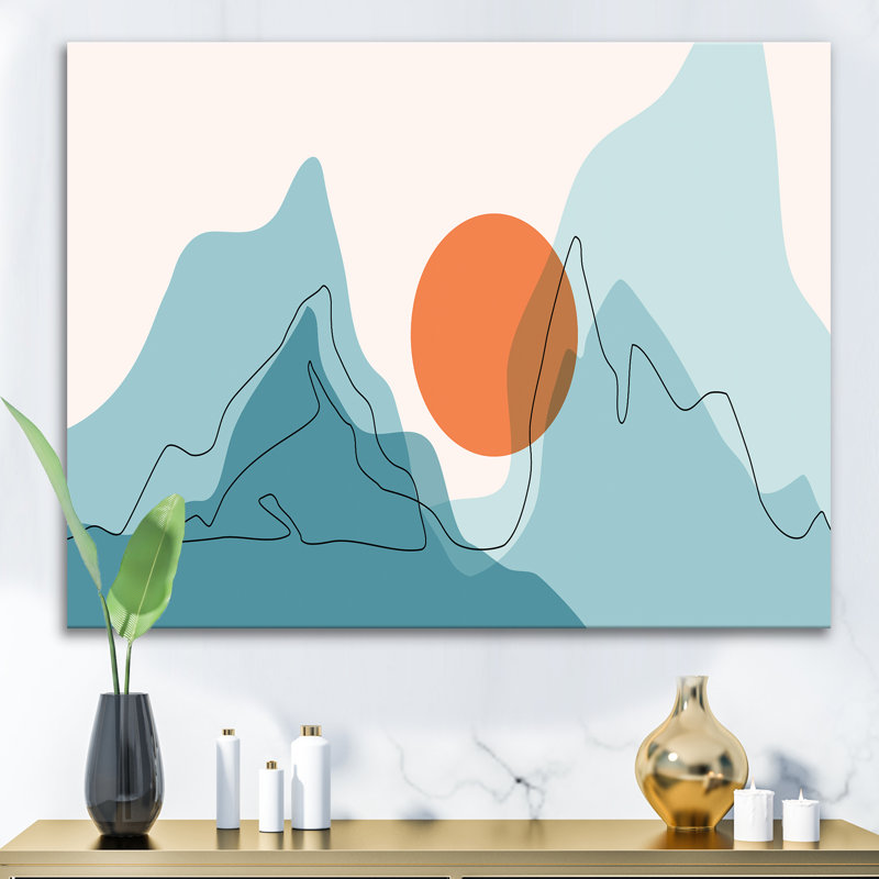 Red Moon Over Abstract Blue Mountains I - peinture sur toile, H 16 po x l 32 po x p 1 po, Toile tendue