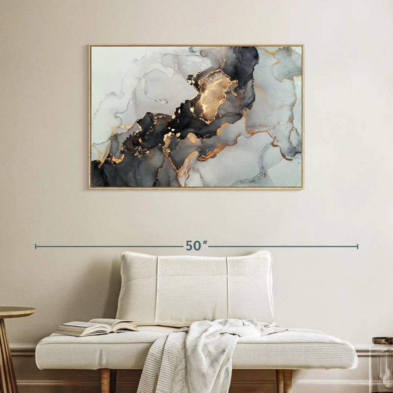 Éclaboussure noire et dorée, Cadre flottant en bois naturel, 40 po x 27 po