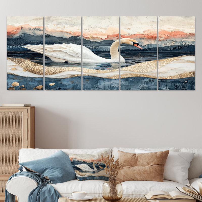 Marbre dansant du cygne V - Art mural animal cygnes - décoration murale moderne 5 pièces, H 28 po x l 60 po
