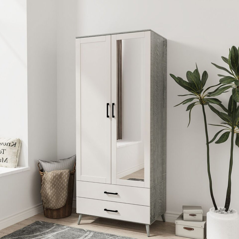 Bostick Solid Wood Wardrobe, Ash Grey/White