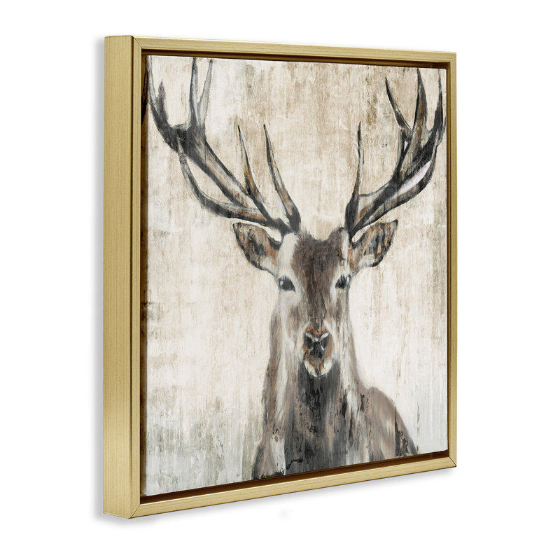 Portrait de faune d'élan rustique, Cadre flottant métallique doré, H 25 po x l 25 po