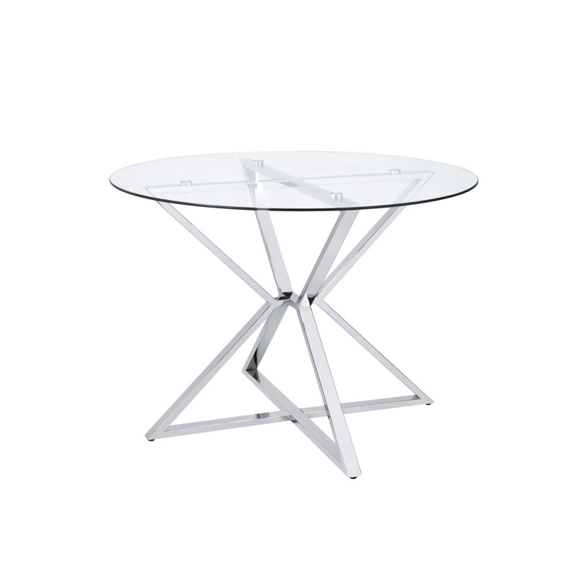 Xander Round Glass Top Metal Base Dining Table, Clear Top/Chrome Base