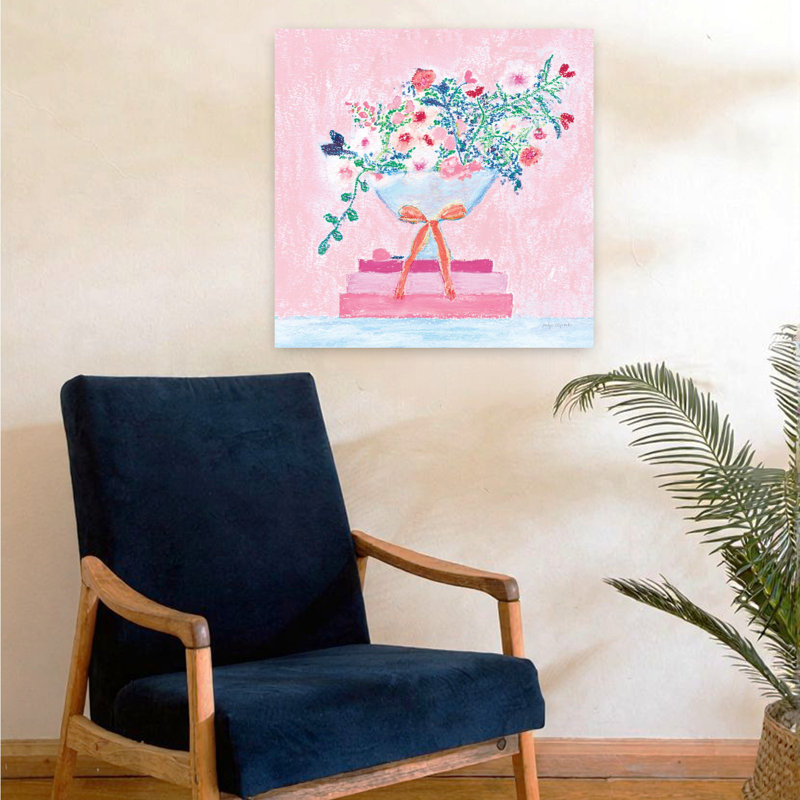 Vases et livres contemporains à fleurs, carré, rose avec bouquet de livres, H 24 po x l 24 po