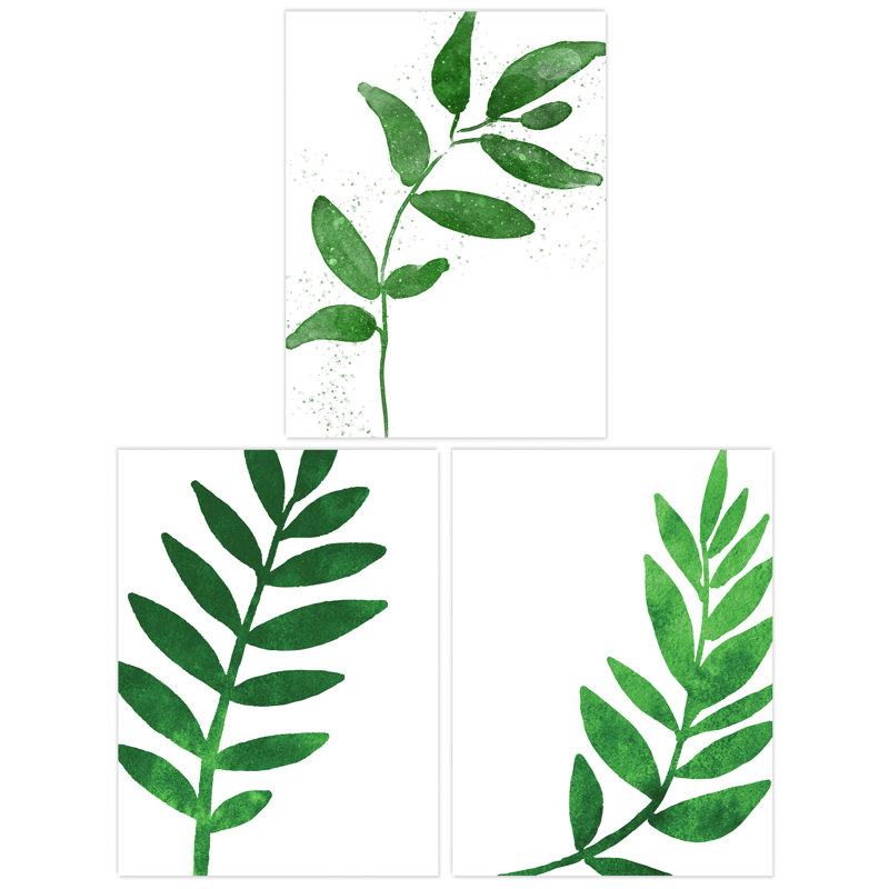 Simple Elegant Plant Leaf Foliage Bright Green Watercolour 3 Piece Wall Art, 29.7cm H x 21cm W x 0.4cm D