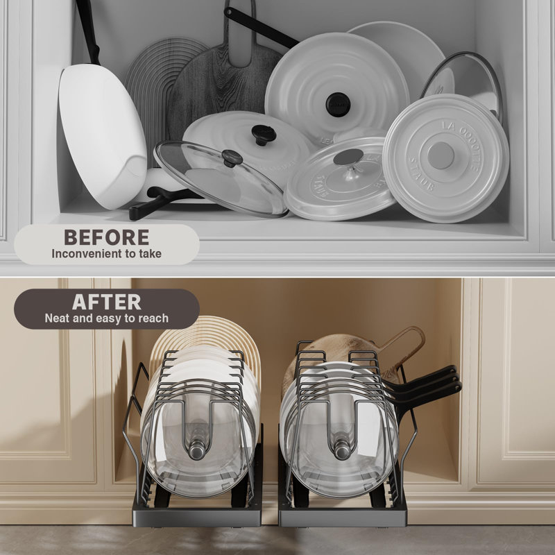 2 Pack Expandable Pull Out Pot Lid Organizer and Storage with 10 Adjustable Dividers