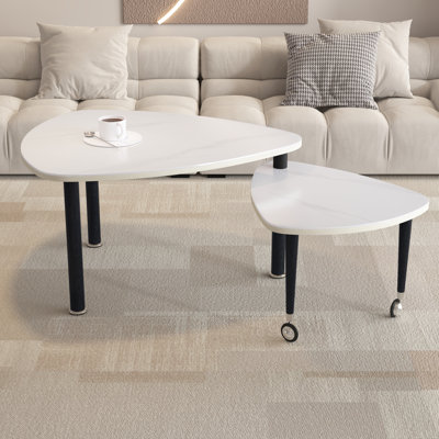 Teardrop Shaped 2 Piece Rotatable Nesting Coffee Tables, Slide Out Accent Side Table with MDF & Solid Rubber Wood Legs for Bedroom Balcony, White