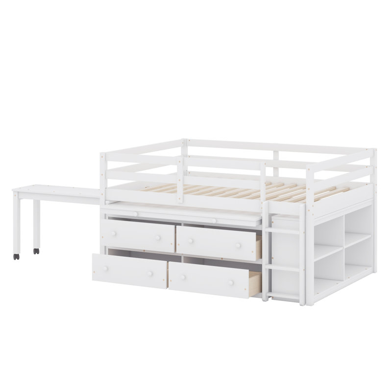 Loft Bed With Retractable Writing Desk And 4 Drawers, Loft Bed With Lateral Portable Desk And Shelves, White, Full / Double