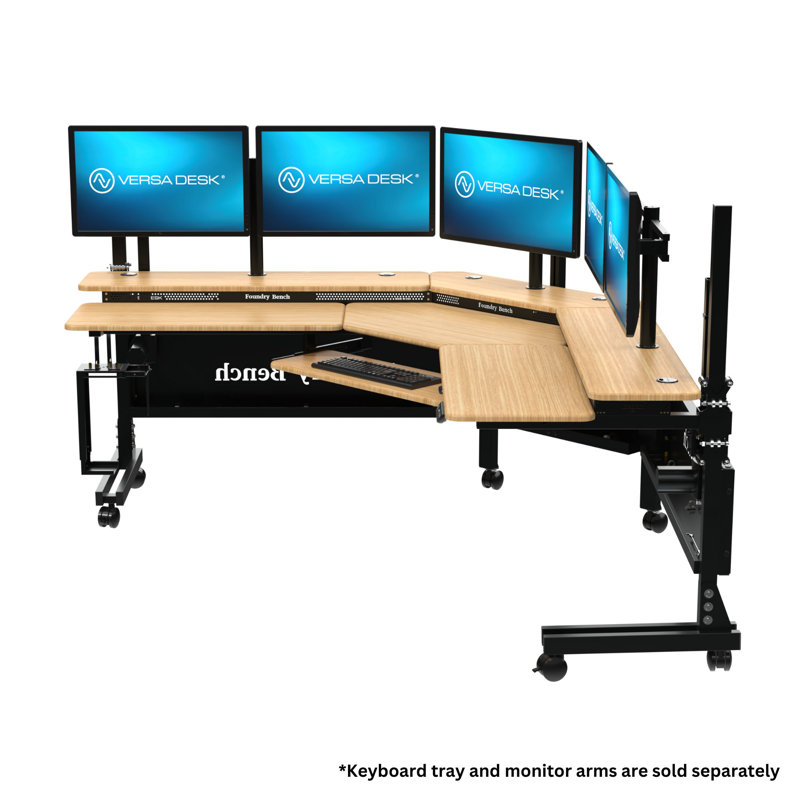 80" x 80" Bamboo and Black Adjustable L-Shaped Corner Desk with USB Ports