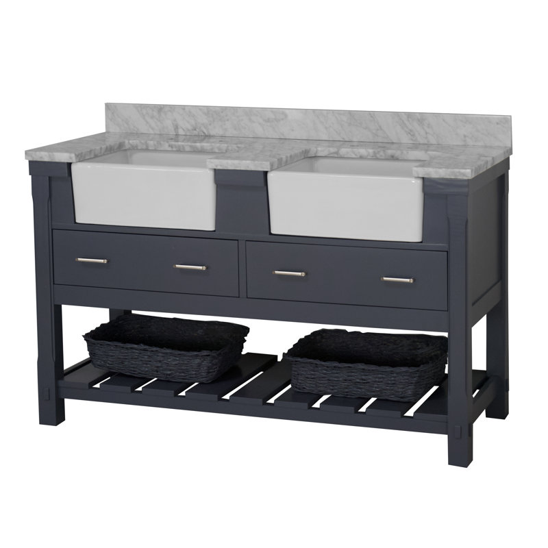 Ensemble de meuble-lavabo double 60 po Hitton, Gris marine, Carrara d'ingénierie