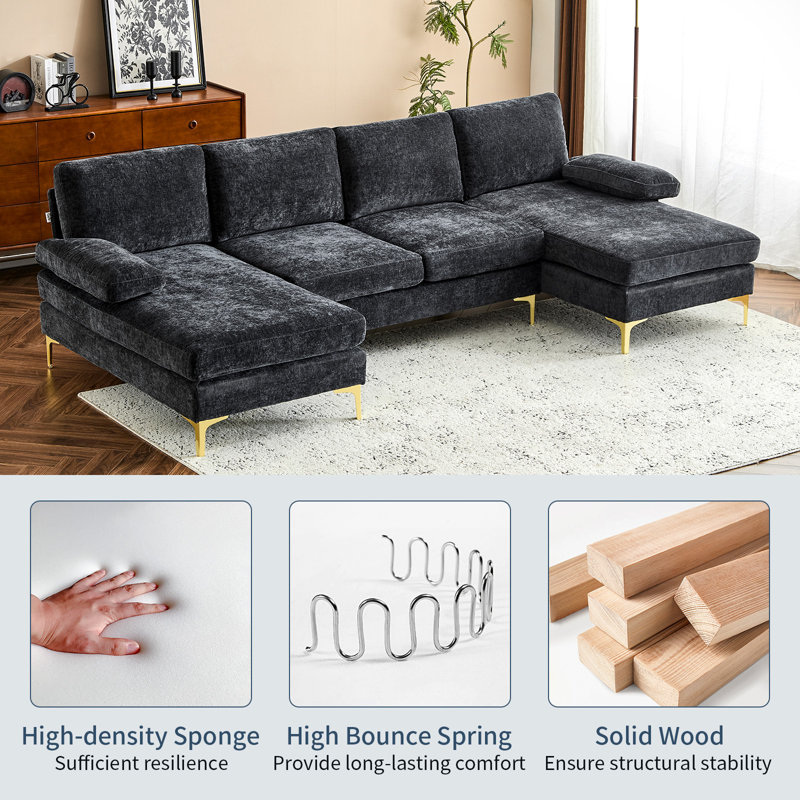 Canapé d'angle en forme de U de 286 cm avec double méridienne, canapé moderne capitonné avec pattes dorées pour salon - Noir