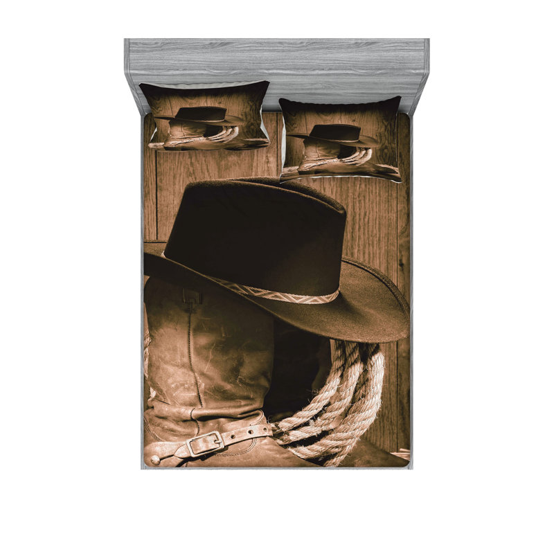 Drap-housse et coussin décoratif Ambesonne Western, brun, Ensemble de draps pour grand lit + 5 pièces suppl