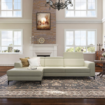 Ladonnia Gray Genuine Leather Sectional, L-Shaped Sofa with Adjustable Headrests,Leather Sofa with Left Hand Facing Chaise - Modern Classic Style
