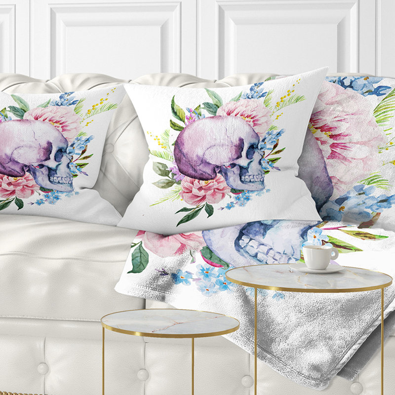 Crâne avec bordure fleurie - Coussin décoratif à imprimé floral, Rectangulaire, 12 po x 20 po