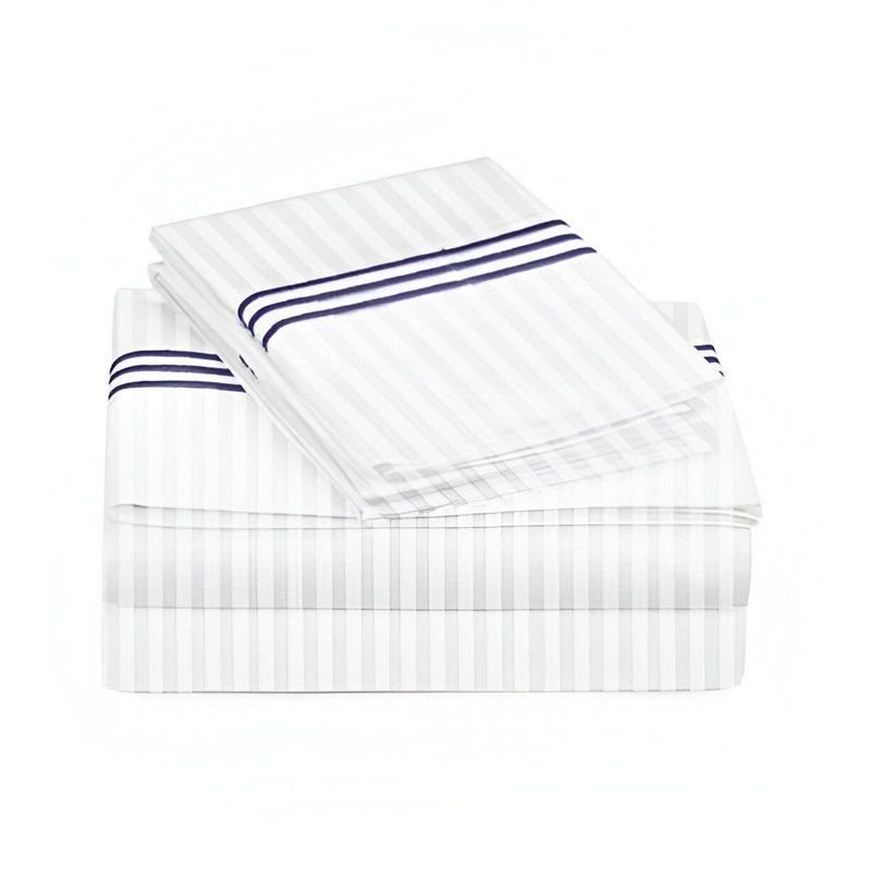 400TC Triple Embroidery Sateen Stripe Cotton 4 Piece Sheet Set Fitted Sheet Fits Upto 16" Deep Pocket, Navy Blue Border