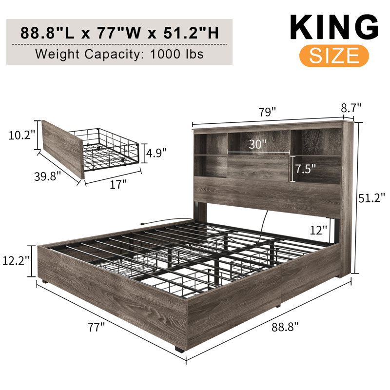 Nykolas King Size Bed Frame With Led Bookcase Headboard, Wooden Storage Bed With Charging Station & 4 Drawers, No Box Spring Needed/noise-free