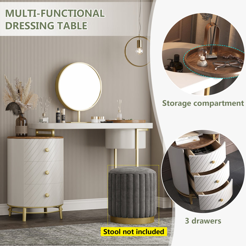  Commode de chambre à coucher avec miroir de coiffeuse éclairé et ensemble de table (tabouret non inclus), Blanc