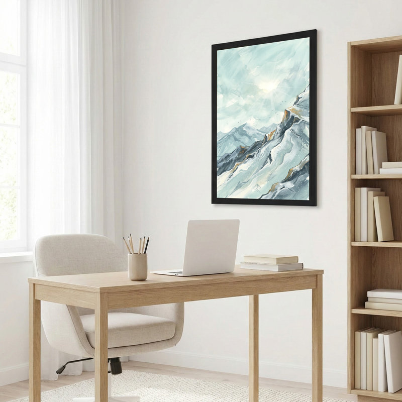 Tableau sur toile représentant une chaîne de montagnes enneigées bleues et blanches avec soleil et oiseaux, 36"H x 24"W