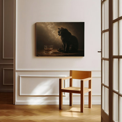 Canvas Wall Art Black Cat Smoking Cigarette With Whiskey Glass Art Vintage Poster Print Home Decor