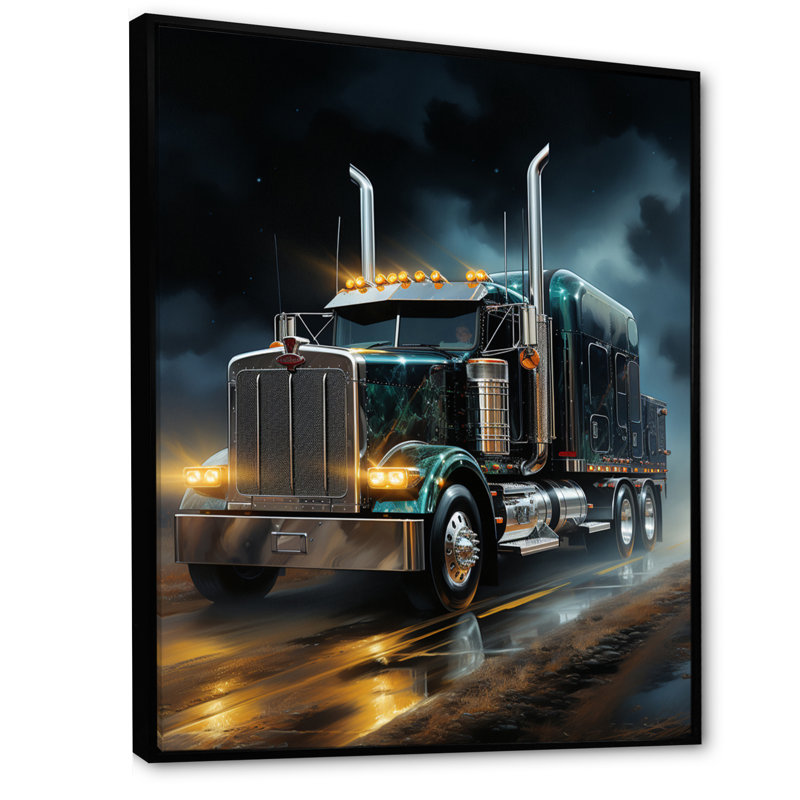 Semi-remorque de minuit - art mural camion, H 40 po x l 30 po x P 1,5 po, Cadre flottant noir