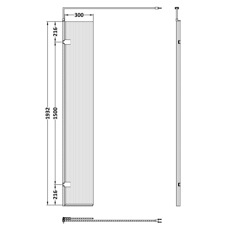 Fluted 322mm W x 1950mm H Frameless Wet Room Screen with Glass