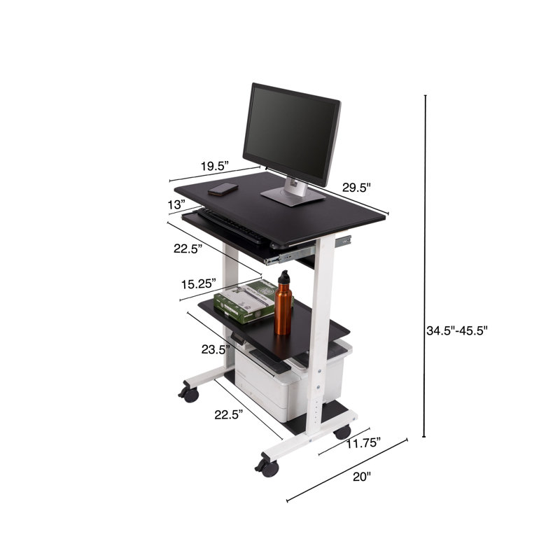 White Adjustable Height Standing Desk with Keyboard Tray and Printer Shelf
