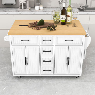 Rolling Kitchen Island Cart with Drop Leaf, Power Outlet, 5 Drawers and Adjustable Shelves by Lark Manor