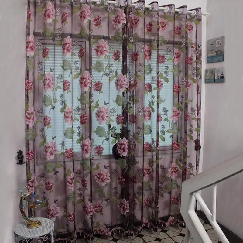 Rose Floral Sheer Voile Curtains With Pendant Beads,Flower Tulle Transparent Window Treatment With Beads For Living Room Bedroom, 39 × 79 Inch Each, 2 Panels/set