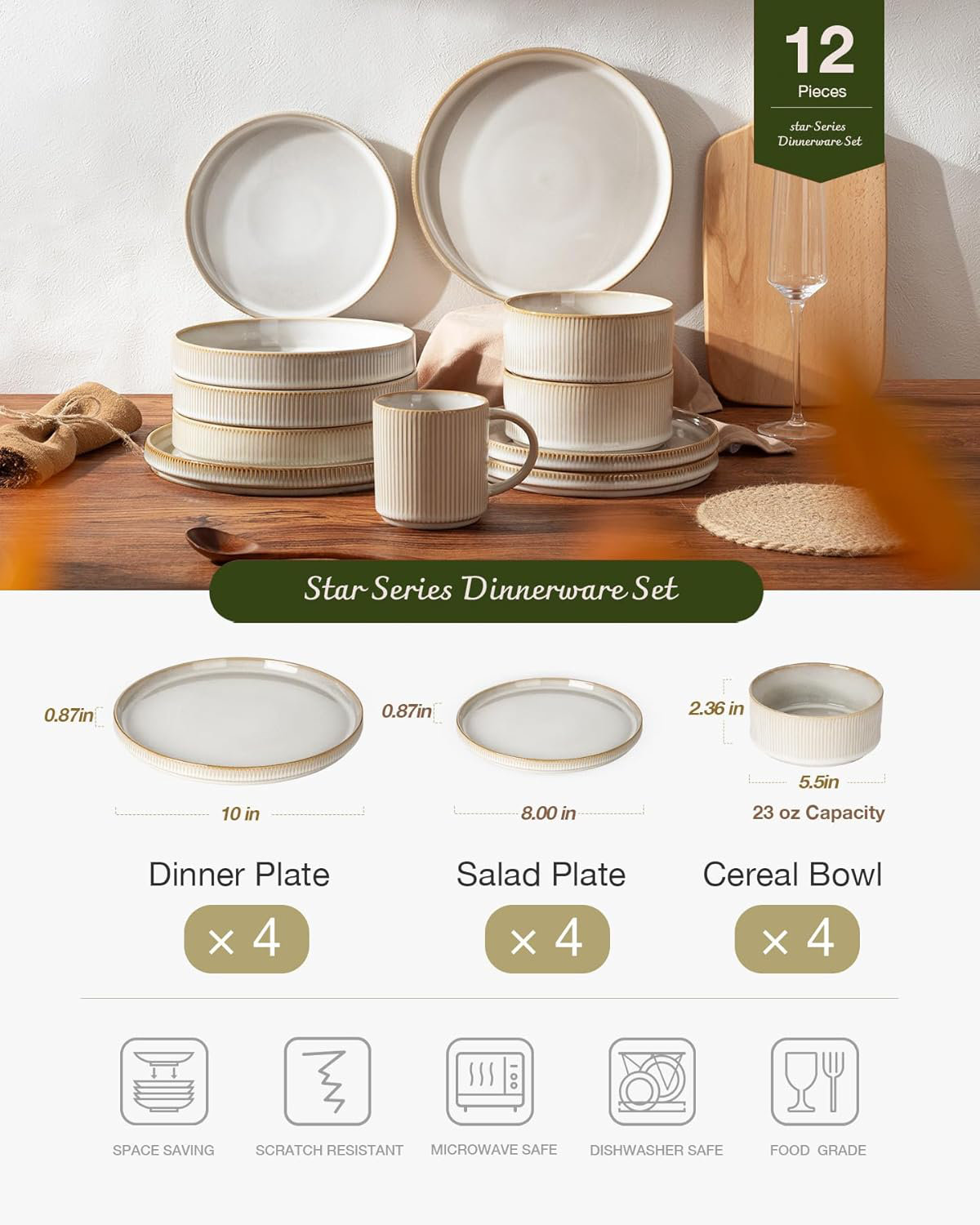 Stoneware Dinnerware Set, Service for 4, Cappuccino White