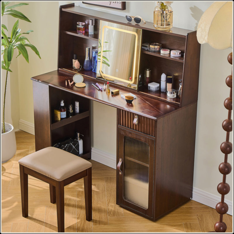 Ensemble de coiffeuse élégant avec miroir lumineux réglable 3 modes, coiffeuse moderne avec grandes tablettes, tiroir et canette