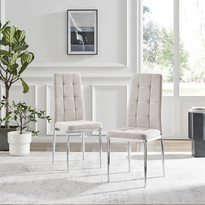 Pallo Button Tufting Luxury Fabric Dining Chairs - Modern Contemporary Design, Silver, Cream