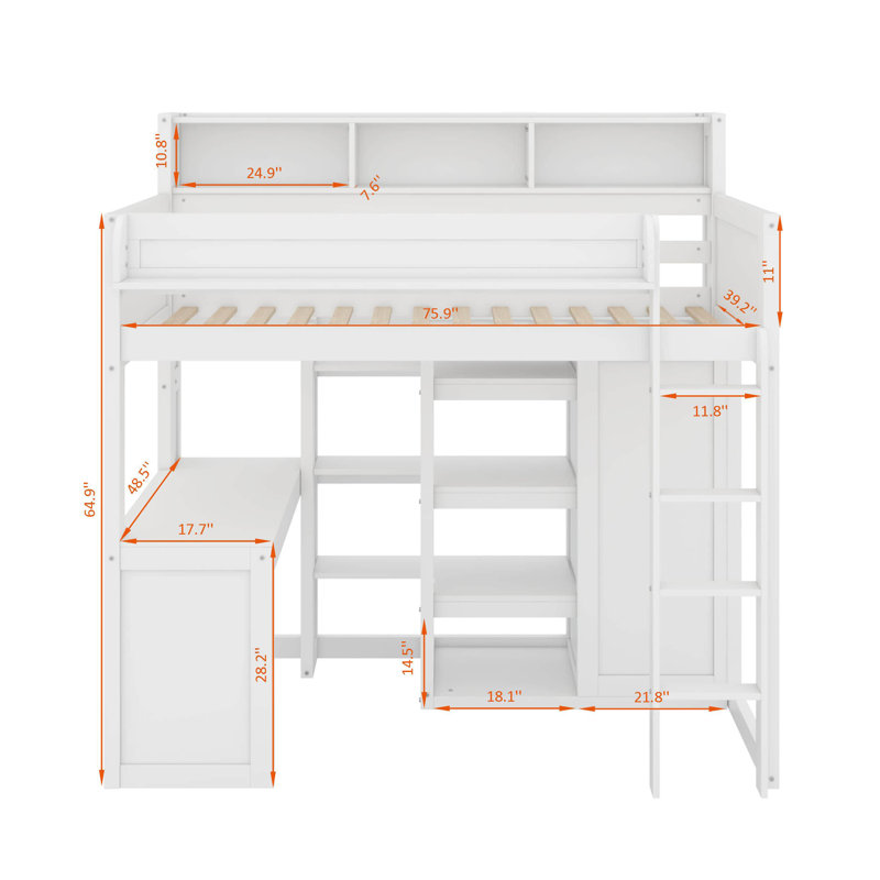 Lit mezzanine simple avec tablettes et garde-robe, Blanc