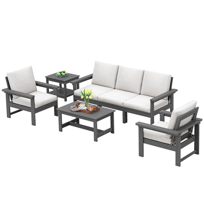 Reata HDPE 7 Piece Sofa Seating Group with Cushions, White, Gray