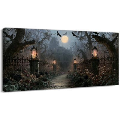 Halloween Wall Art Canvas Print, Gothic Raven and Moon Garden Witchy Decoration, Dark Fantasy Spooky Canvas Painting for Living Room Bedroom Entryway, Wrapped Canvas with Pine Frame, 24x12 Inch