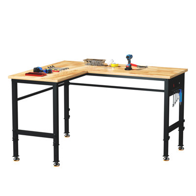 48"/60" Heavy-duty Adjustable Workbench For Garage, Rubber Wood Shop Table,hardwood Workstation Weight Capacity Over 1500 Lbs (l Shape/rubber Pad/power Outlets/ruler/57.1" X47.2)