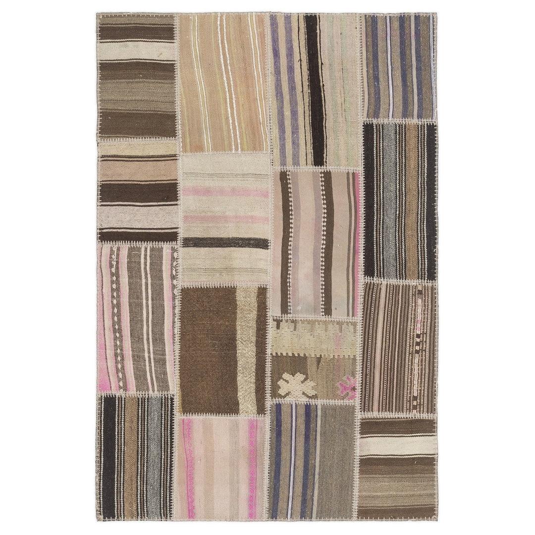 Teselya Beige Striped Wool Handmade Area Rug