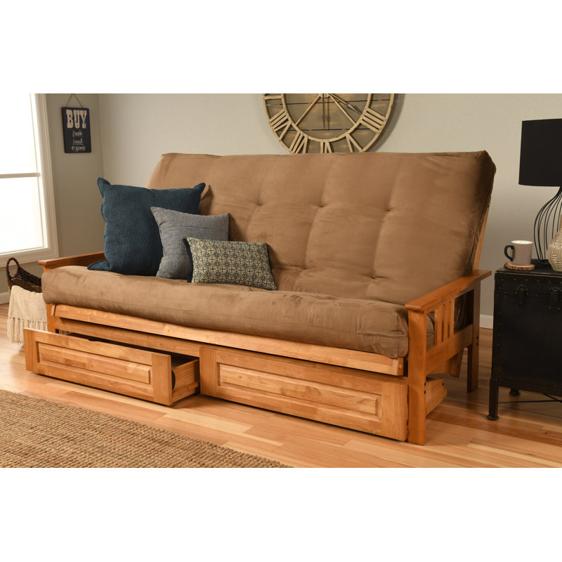 Stratford 86" Queen Futon and Mattress with Drawer set, Peat Microsuede, Butternut, Innerspring