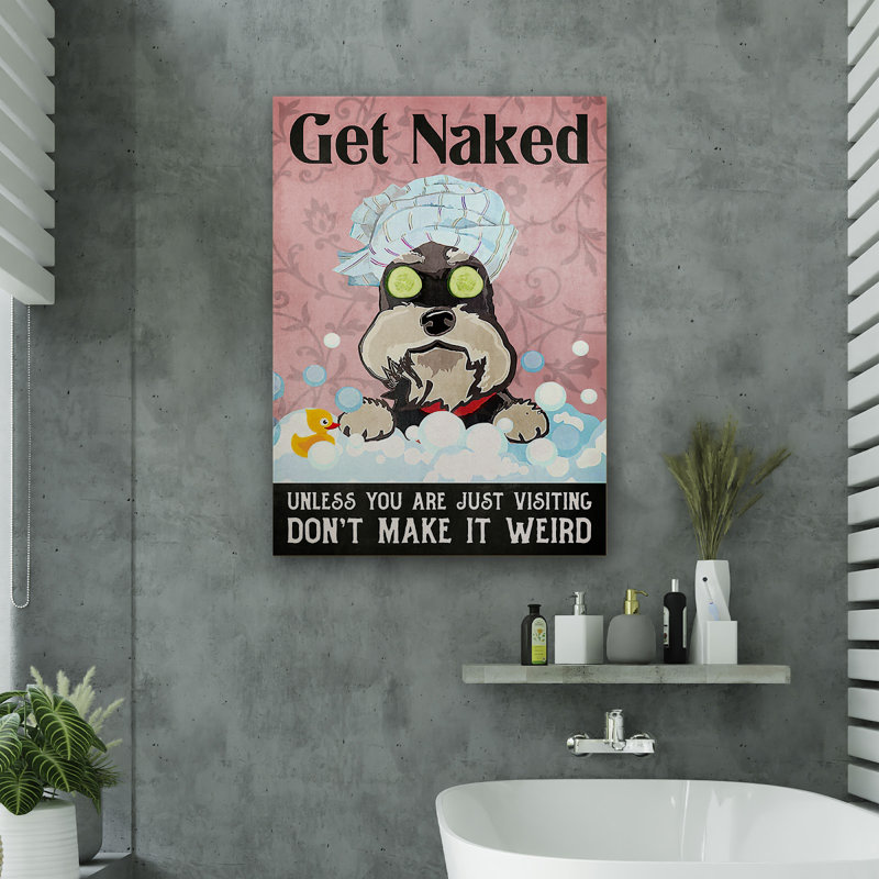 Schnauzer relaxant - «Get NUE», toile tendue - salle de bain et buanderie, décor d'illustrations pour salle de bain, noir, rose et blanc