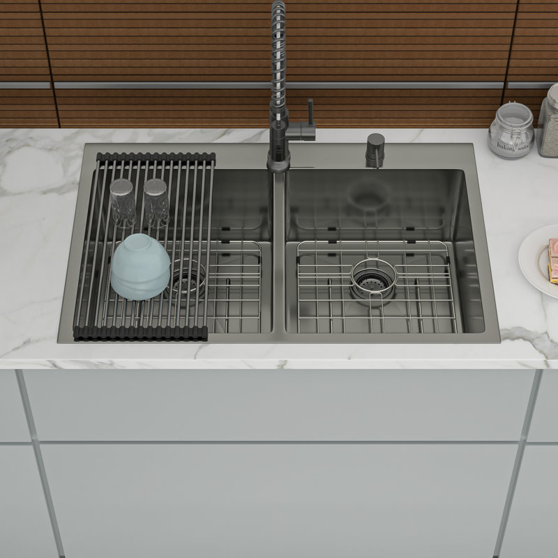33"X22" Gunmetal Black 16 Gauge Double Bowl Drop In Sink With Two 10" Deep Basins, 50/50 Layout For Separate And Simultaneous Cleaning, Hand - Made Rear Drain X Grooves, 3Mm Soundproofing Pads,