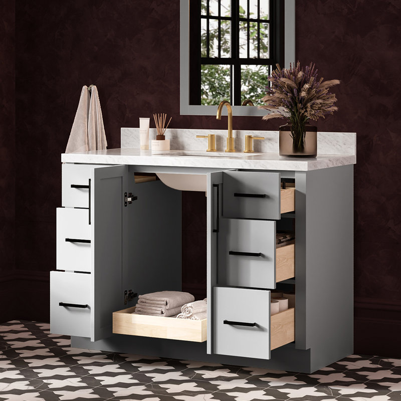   Kayleigh 49 Inch Single Rectangle Sink Bathroom Vanity with Carrara White Marble Countertop 1.5 Inch in Grey, Rectangle