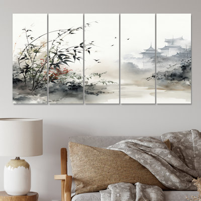 Asian Art Sumi Bird Serenity X III - Salon de l'art mural asiatique - 5 panneaux égaux