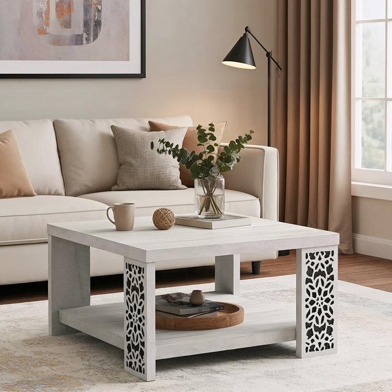 Arrastia Traditional 31.1" Square Coffee Table With Shelf, Gray/Black