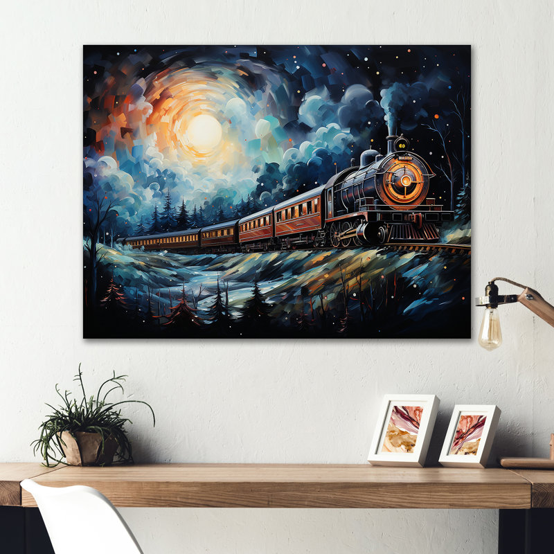 «Orange Moonlight Countryside Train Journey III - Train», art mural en métal, H 24 po x l 32 po x P 1 po