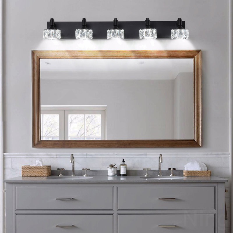 Configuration moderne à 5 lumières de style moderne en métal noir avec fonction d'éclairage à DEL pour meuble-lavabo avec abat-jour en verre cristal, pour applique murale pour salle de bain