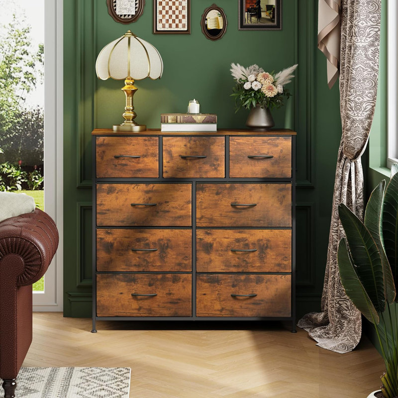 Reinardo 39.4" W 9-Drawer Dresser with Wood Top, Tall Dresser With Sturdy Steel Frame, Chest Of Drawers For Closet, Bedroom, Living Room